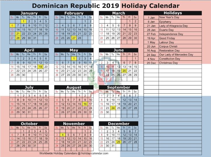 Dominican Republic Holiday Calendar 2019